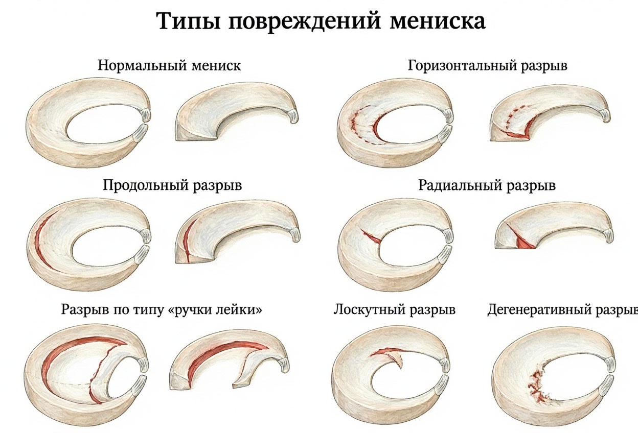 Схематичное изображение различных вариантов повреждения мениска